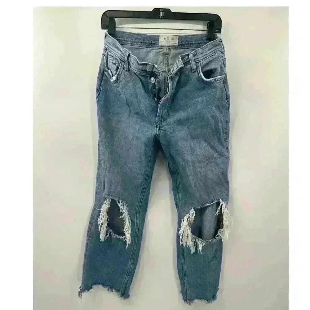 Free People We the Free Straight Button Fly Distressed Ripped Jeans Womens Sz 28